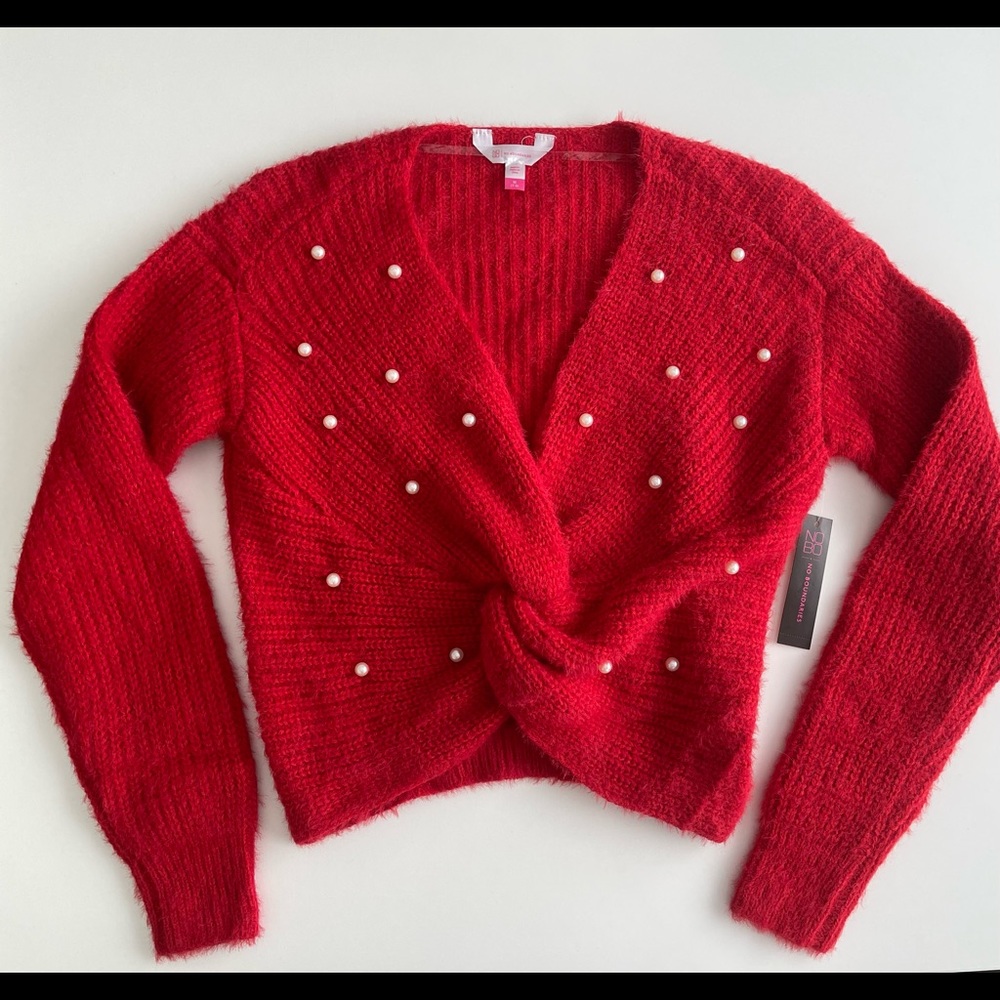 NO BOUNDARIES Twist Sweater with Pearls - Bright Red sz JR M 7-9 NWT